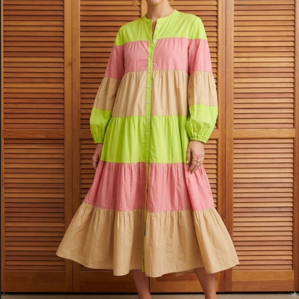 Sunshine Tienda Anna Colorblock Tiered Long Sleeve Midi Dress Size M NWT